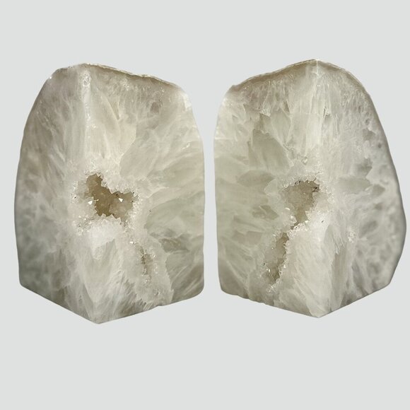Agate Bookends, Druzy, Geode Center, White, Gray Layers, Cream Banding (RE) - Picture 3 of 10